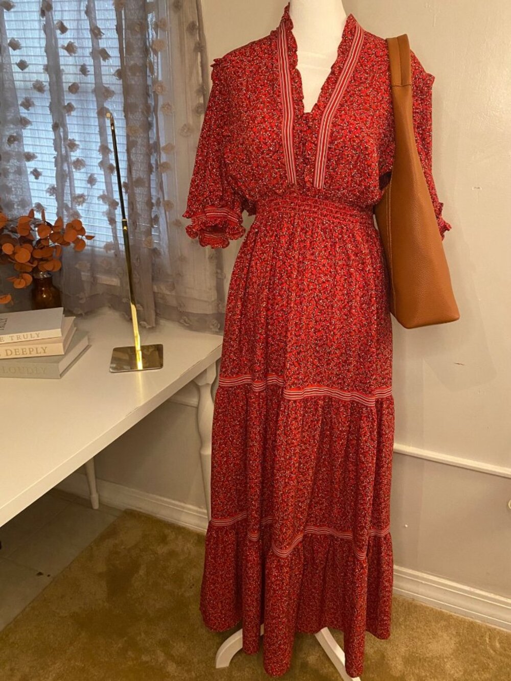 Max Studio Red Floral Boho Midi Maxi Dress Women's XL - Picture 2 of 6
